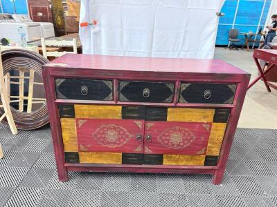 (1) Red Entertainment Cabinet W/ 3 Drawers - 48&rdquo;Wx34&rdquo;Hx18&rdquo;D