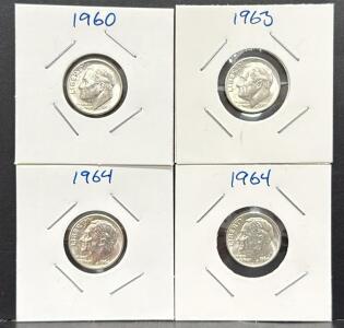 1960, 1963, 1964 Roosevelt Dimes - US Mint, 90% Silver