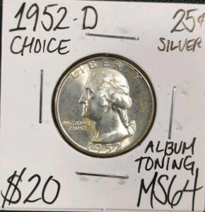 1952-D MS64 Choice Silver Washington Quarter