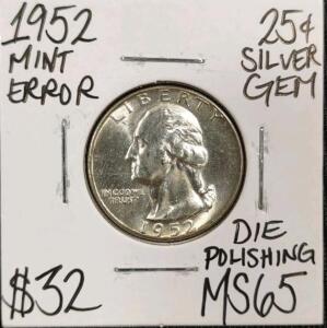 1952 MS65 Mint Error Silver Washington Quarter