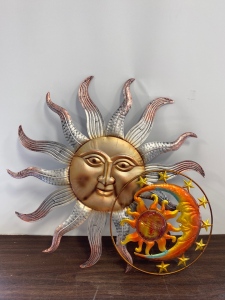 (2) Metal Sun/Moon Decorations 13”/ 24” Diameter