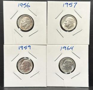 1956, 1957, 1959, 1964 Roosevelt Dime Set, 90% Silver Coins