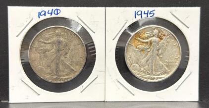 1940 & 1945 Walking Liberty Half Dollars, 90% Silver, Adolph A. Weinman Design
