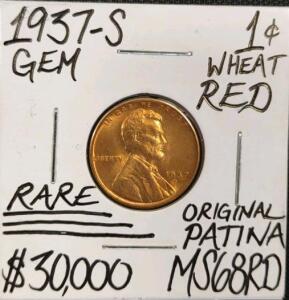 1937-S MS68RD Rare Original Patina Copper Cent