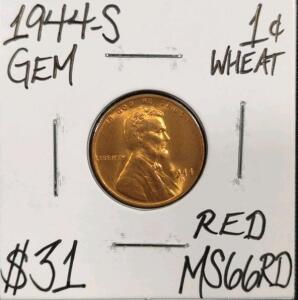 1944-S MS66RD Red Gem Wheat Copper Cent
