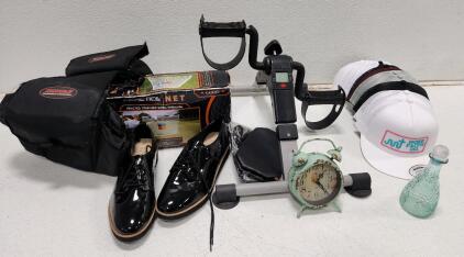 (1) Momoda Under Desk Bike Pedal Exerciser (1) Snobunje Snowmobile Handlebar Bag (1) Black Patent Leather Oxford Shoes And More