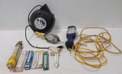 (1) Coxreels Cord Reel, w/Incandescent Work Light, Tested (1) Corded Fluorescent Work Light w/replacement bulbs, unable to test (1) Sun-Lite Work Light, unable to test