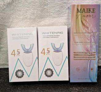 (2) Ultrasonic Teeth Cleaners - Fully Automatic Massage Whitening Toothbrush W/ 3 Cleaning Modes, USB Rechargable & (1) 3.38Oz Bottle Of MAIKE Amour Hair Straightening Spray | Soft, Silky Locks with Maximum Shine | Heat Protectant that Detoxifies, Repairs