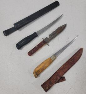 Vintage Rapala J. Marttiini Finnish Fillet Knife w/leather sheath, signed (1) Falcon Sweden Fillet Fixed Blade Knife & Sheath Black (1) Vintage Fixed-Blade Utility or Hunting Knife
