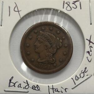 1851 Braided Hair Large Cent, Copper, No Mint Mark