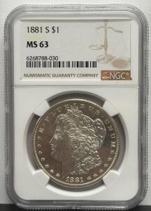 1881 S Morgan Silver Dollar, NGC MS 63, $1 Coin, Serial: 6268788-030