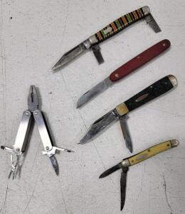 (1) Mult-tool (1) Ka-Bar 2-Blade Folding Knife (1) Wells Marshall Co. Striped Pocket Knife, 2-blades broken (1) Victorinox Switzerland Stainless Rostfrei Pocket Knife (1) 2-Blade Pocket Knife