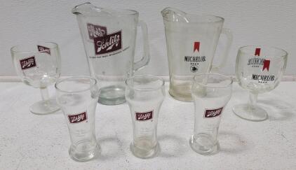 (1) Schiltz Beer Pitcher (3) Schlitz Beer Glasses (1) Schlitz Beer Goblet (1) Michelob Beer Pitcher (1) Michelob Beer Goblet