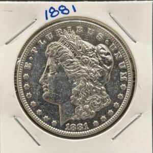 1881 Morgan Silver Dollar Coin, US Mint, 90% Silver, One Dollar
