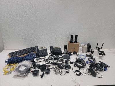 (1) Yealink W52P DECT Cordless IP Phone System (1) NEW Dell Keyboard (2) Yealink T21P E2 IP Phone, Modems and other Wifi equipment, HDMI cables, Power sources and MORE