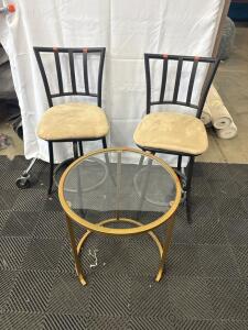 (2) BarStools & (1) Gold Metal & Glass Round Side Table