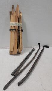 (25) 22" Wooden Stakes (2) Pry Bars (1) Vintage Brake Spring Tool