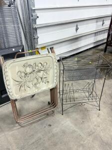 (1) Vintage Tv Tray Set Of 4 & (1) Metal Storage Rack