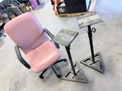 (2) Black Metal Speaker Stands & (1) Rolling Chair