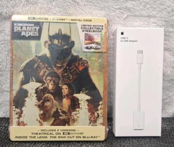 (1) Kingdom Of The Planet Of The Apes Limited Edition Steel Book & (1) Apple USB-C To USB Adapter