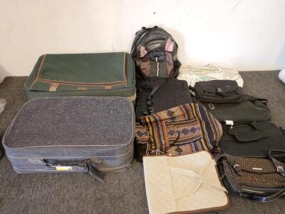(8) Women's Handbags, (1) UnionBay Backpack, (1) 23"X15" Grey Suitcase, (1) 26"X18" Green Suitcase