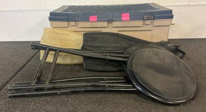 (1) Tote With (2) Pairs Of Scuba Diving Fins, Old Newspapers, (2) Barstools, And More