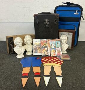 (1) Suitcase Filled With CDs, (1) The Pampered Chef Cookie Press, (2) Ceramic Bachs, And More