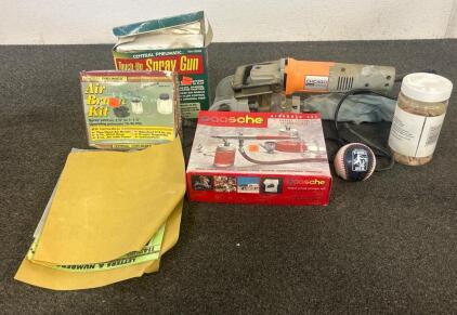 (1) Chicago Electric Power Tools Biscuit Plate Joiner, (1) Air Brush Kit, (1) Container Of Wolfcraft Biscuits, And More