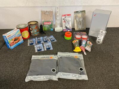 Paracord, Coleman Cutting Board, Flae Gun, Ozark Trail 16pc Cutlery, Mosquito Repelling Coil, (6) Gym Locks, Thermal Base Layer Small Long Sleeve, And Medium Pants