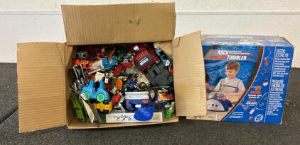 (1) Rock Tumbler And (1) Box Filled With Various Toy Cars