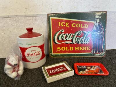 Coca-Cola Metal Sign, Cookie Jar, (2) Soap Dishes, And Bear