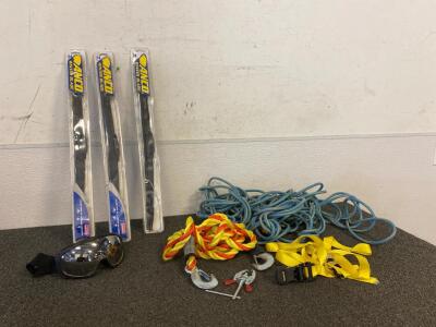 Long Extention Cord, Rope, Ratchet Strap, (3) Winter Wiper Blades And Ski Goggles