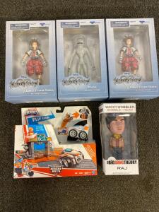 (3) Kingdom Hearts Figurines, Bing Bang Theory Raj BobbleHead And Transformers Rescue Bots Flip Racers