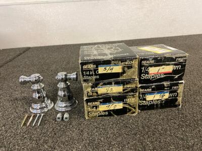 (5) Boxes Of 1/4 in. Crown Staples, And (2) Faucet Handles