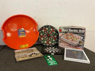 (3) 26&rdquo; Snow Discs, Indoor Electric Grill, Dart Board, And (3) Signs