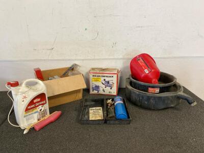 Mini Air Compressor (Works), Propane Torch, (2) Drain Pans And Giant Quick Fill Funnel And More
