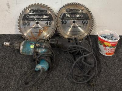Makita & Crafstman Drills, (2) 10&rdquo; Oldham Sawblades, & Tin of Wood Rod Hangers