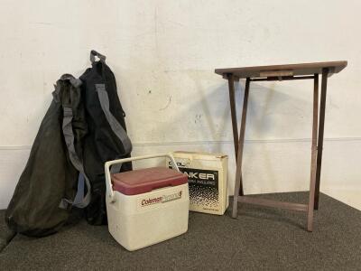 (2) Folding Lawn Chairs, Coleman Cooler, Folding Side Table, And More