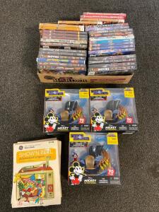 (3) Nano Scene Mickey Mouse Figures, Box Of DVDs And (6) GE Show&rsquo;n Tell Picturesound Programs
