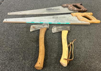 (2) Hatchets And (2) Vintage Hand Saws