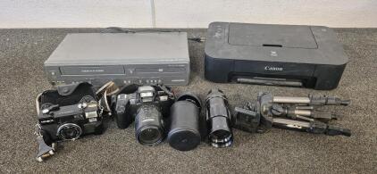 Pentax PZ-20 35mm SLR Film Camera With A Pentax 28-80mm Power Zoom Lens, Minolta Hi-Matic AF2 35mm Point-And-Shoot Film Camera, Tri Stand, Suntar YS f=200mm 1:3.8 Lens, Vivitar 67mm Skylight 1A Filter Lens, Magnavox DVD/VHS Player, Canon Printer