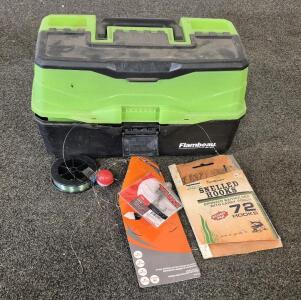 Tackle Box With Fishing Hooks, Lures, Weights, Line And More.