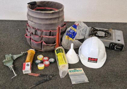 Tool Bucket, Hard Hat, Nails, Corner Square, Electrical Tape, Colman Stove And More!