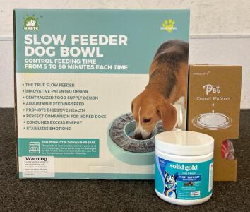 (1) Slow Feeder Dog Bowl, (1) Pet Travel Waterer, (1) Solid Gold Joint Support Supplement