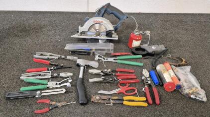 Bosch Skill Saw (18V), Oil Can, Snap Lock Punches, Hatchet, Snap Ring Pliers And More.