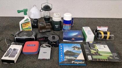 2 Thermos, 2 Camping Lamps, AM/FM Work Tunes, First Aid Kit, iPhone 11 Pro Tempered Glass Phone Case, 2 Alarm Clocks(Works), Quick Pump And More!