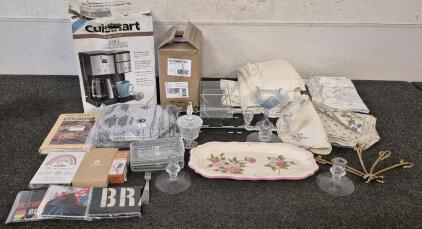 Cuisinart Coffee 2-in-1 12 Cup/ Single Serve Brewer, 2 Hanging Light Fixtures, 4 Vintage Table Cloths, Vintage Serving Dish, Vintage Candy Dishes, Vintage Plates And More!