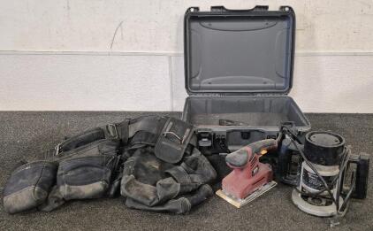 Black N Decker Router(1 1/4HP)(Works), Chicago Electric Power Sander(120V)(Works), Tool Case, Construction Overall Tool Belt
