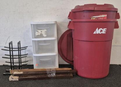 2 Ace Trash Bins, 3 Drawer Storage, Wine Rack, Table Legs, Floral Decor