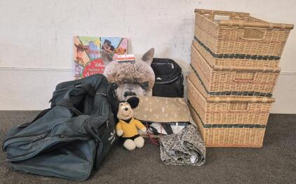 3 Wicker Baskets, Backpack, Large Duffle Bag, Gift Bags, Disney Story Book Advent Calendar, Lama Mask, Vintage Mikey Mouse Doll